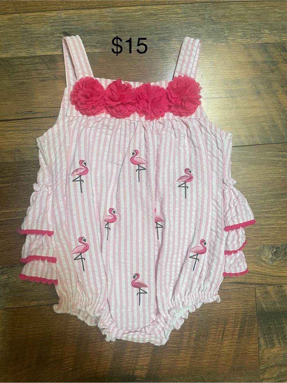 Baby Starters Pink Floral-Trim Flamingo Stripe One-Piece